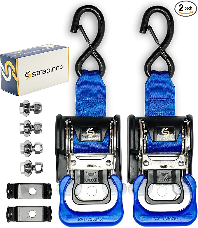 Strapinno 2PCS Stainless Steel Retractable Ratchet Straps (1 7/8 in x 4 ft) Transom Tie Downs for Boat Trailer - Extra Mounting Brackets & Bolt Set, Safety Latch S-Hook, Break Strength 1,650LB/750KG