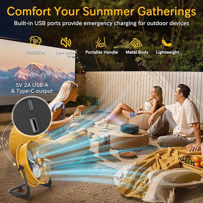 T-SUNUS 12" Rechargeable Floor Fan, 1500 CFM High Velocity Cordless Fan with 13200mAh Battery, 27H Runtime, Metal Industrial Fan, 360° Tilt, AC Charger for Camping, RV, Garage & Emergency