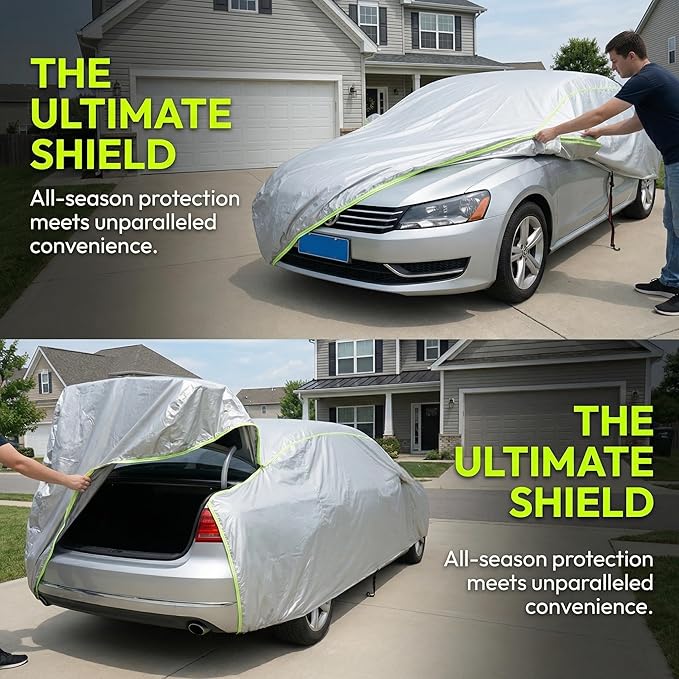 J&J Heavy Duty car Cover,300D&Soft Lining,Driver&Trunk Zipper,Withstand Wind,Car Cover Waterproof All Weather,Protect Vehicle Painting,Car Covers for Automobiles (Sedan, Silver-C2)