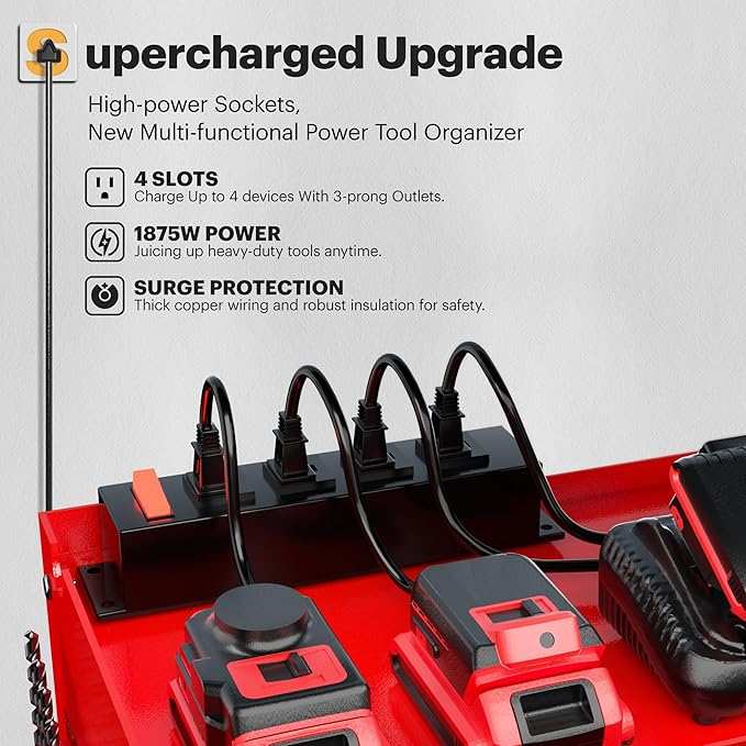 Spampur Power Tool Organizer Wall Mount with Charging Station,Garage Metal Cabinet 15 Min Quick Assembly & Max 150lb load with 6 Outlet Power Strip, 8 Slots Cordless Drill for Workshop/Shed/Tool Room