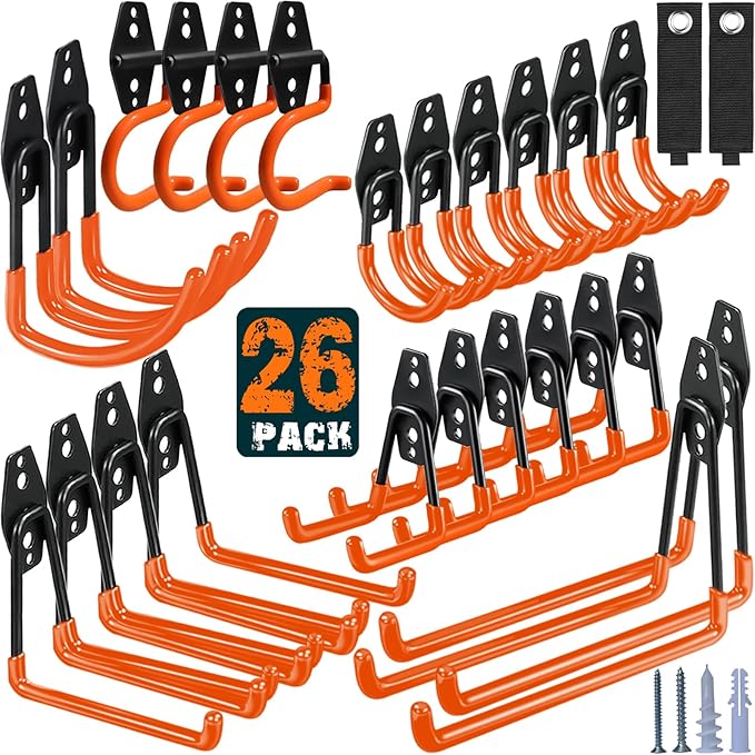 HUPBIPY 26 Pack Garage Hooks Heavy Duty Utility Steel with Anti-Slip Coating Wall Mount Storage Organizer for Hanging Power and Garden Tools, Ladders, Hose, Bikes, Ropes, Bulk Items, and More