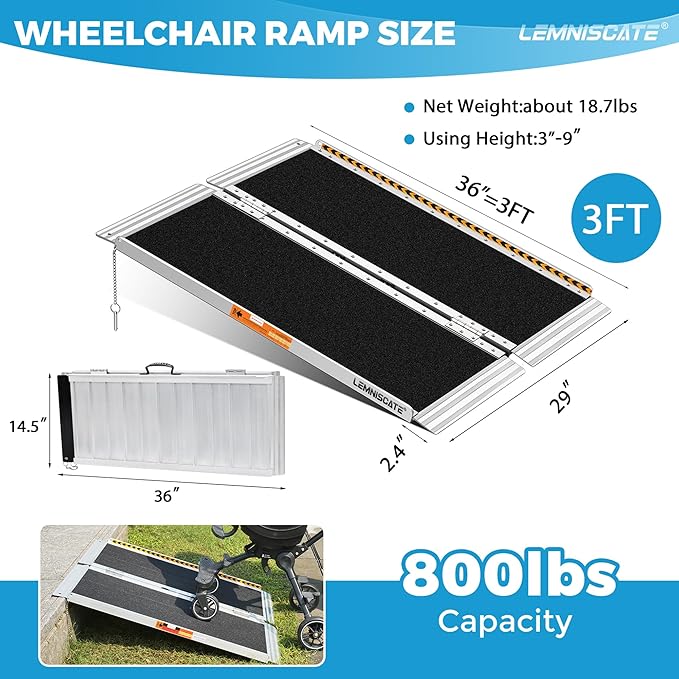 LEMNISCATE Portable Wheelchair Ramp 3FT, Non-Slip Aluminum Handicap Ramp with Handle, Folding Wheel Chair Ramps for Homes Steps, Stairs, Entry, Threshold, Doorways, Scooter, 800LBS Capacity