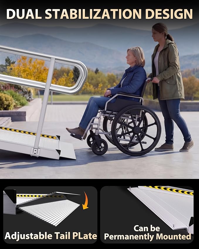 FACHNUO Upgraded 1600 lbs Capacity Wheelchair Ramp with Handrails, 5 FT Portable Ramp for Wheelchairs for Home, Handicap Ramp for Home Steps, Stairs, Home Entry, Doorways, Threshold,Scooters, Walkers