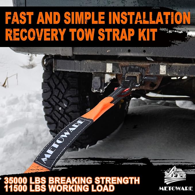 METOWARE Tow Strap 3'' × 20ft Recovery Strap, Heavy Duty Tow Straps with 35,000 lb Capacity, Triple Reinforced Loop Straps, Emergency Off Road Towing Rope, Extreme Water-Resistant (Orange)