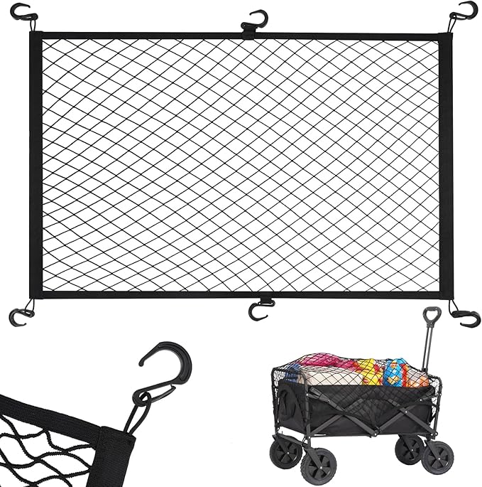 Kaskawise Elastic Mesh Cargo Net for Folding Wagon, Heavy Duty Stretch Storage Cover with 6 Hooks for Beach Cart, Garden Utility Trolley Accessories, 35.5 x 23.6 Inch Black