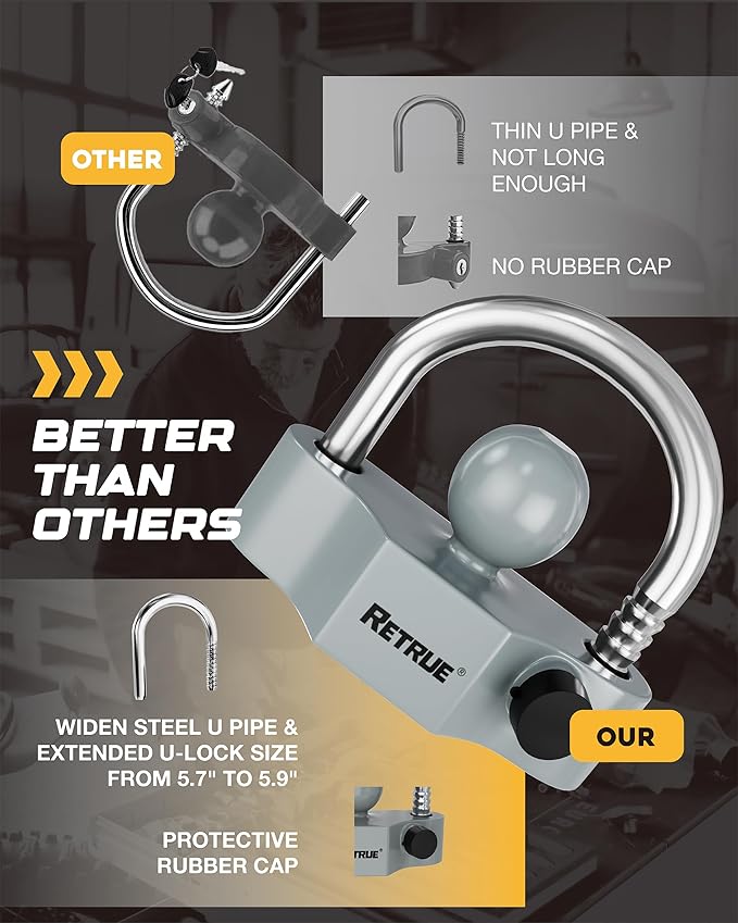 RETRUE Heavy-Duty Universal Coupler Lock Trailer Locks Ball Hitch Trailer Hitch Lock Adjustable Security Steel Fits 1-7/8 Inch, 2 Inch, 2-5/16 Inch Couplers Grey & Silver