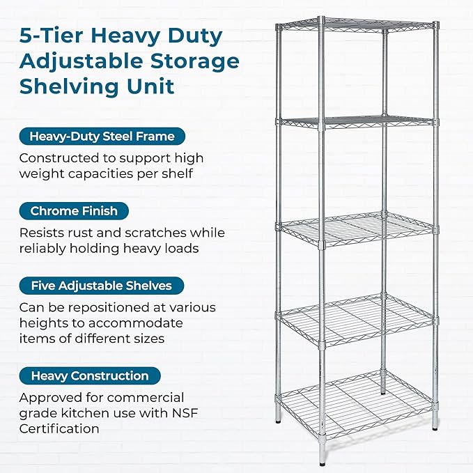 Honey-Can-Do 5-Tier Heavy-Duty Adjustable Shelves, Metal Storage Rack with 250-lb Shelf Capacity, Chrome, 18" W x 24" L x 72" H