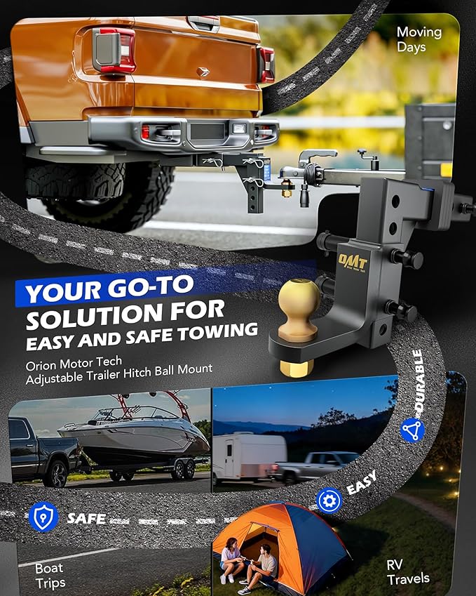Orion Motor Tech Trailer Hitch Ball Mount, Adjustable Tow Hitch for 2" Receiver with 2" Ball 9-1/2" Drop 8-1/4" Rise 8000 lb. Capacity, Heavy-Duty Drop Hitch with 3 Locking Hitch Pins for Truck Boat