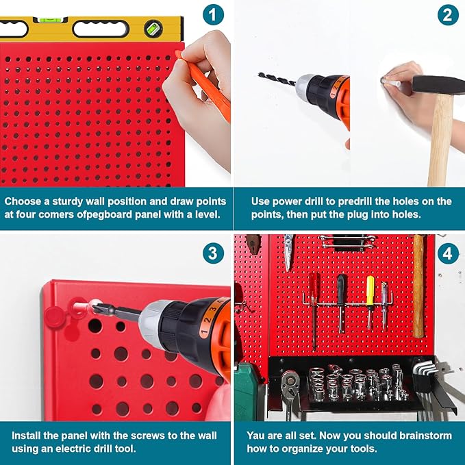 Metal Pegboard for Garage Storage,Steel Pegboard Heavy Duty 16-Inch X 32-Inch Metal Peg Board Tool Organization Panels (Red, 2 Pack)