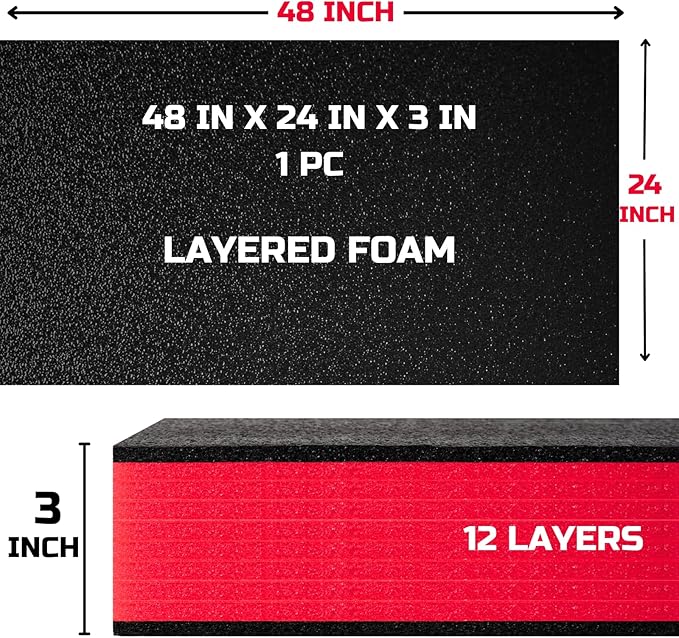 ONREVA Tool Box Foam 48x24x3 inch 1PC, Foam Inserts for Cases, Polyethylene Storage Sheets for Toolbox Hard Case, Tool Shadow Insert, Kaizen Organizer Sheet, Black with Red