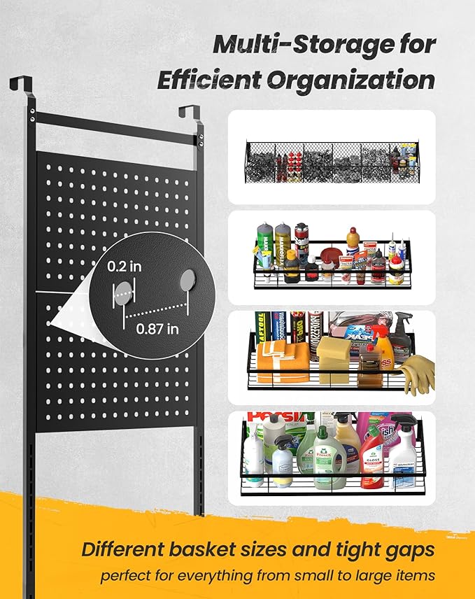 mustry Over The Door Garage Organizer, Behind The Door Storage with PegBoards and Baskets for Cleaning Supplies, Car Care, Spray Can, Metal Hanging Storage Rack for Garage Organization