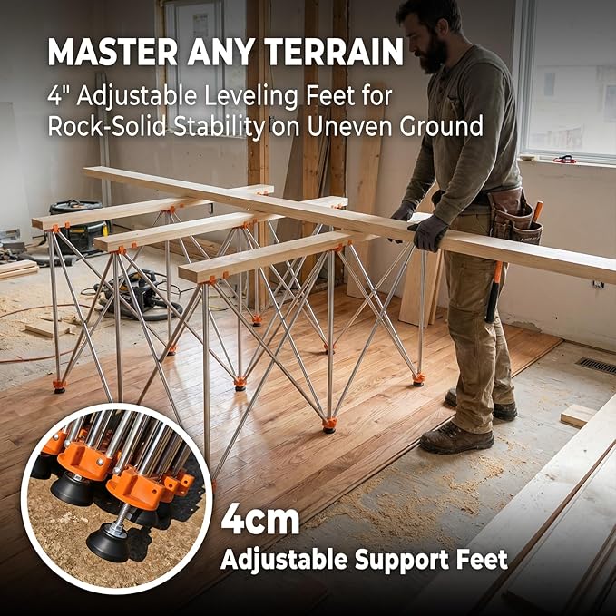 4'x4' Heavy Duty Portable Folding Workstand - 3,500 lbs Capacity Collapsible Workbench with Thickened Legs, Round Steel X-Braces & 4" Adjustable Leveling Feet - Instant Setup for Jobsite & Garage