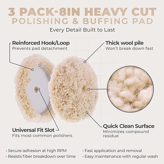TCP Global 8" 100% Wool Polishing & Buffing Pad (3 Pack) with Hook and Loop Backing - Wool Buffing Pad for Automotive, Marine, Truck, RV & Compound Cutting