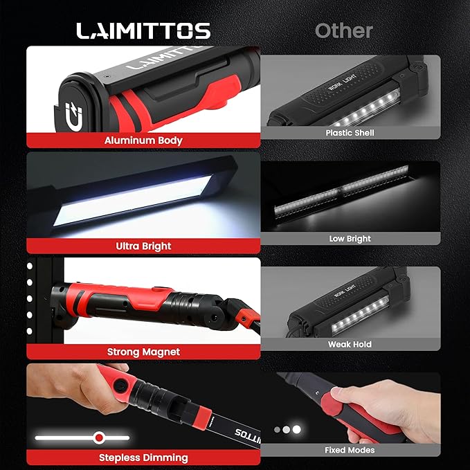 Rechargeable Work Light 2500mAh Magnetic LED Work Light Flashlight Mechanic Light Tool for Men Him, Foldable Lamp with Hook for Car Repair Emergency BBQ Grill (4 Pack)