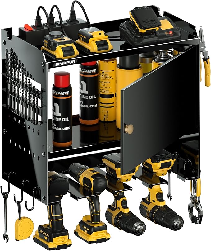 Spampur Power Tool Organzier with Charging Station, Garage Storage Cabinet with Doors and Shelves, Metal Wall Mount Rack with 4 Drill Holder/4 Outlet Power Strip, Tool Rack for Workshop/Shed/pegboard