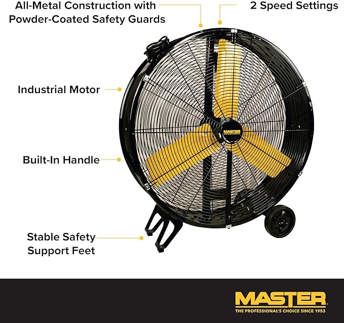 Master 30 Inch Industrial High Velocity Barrel Fan - Use for Shop, Garage or Warehouse, All-Metal Construction with Steel-Coated Safety Grill, 2 Speed Settings (MAC-30D)