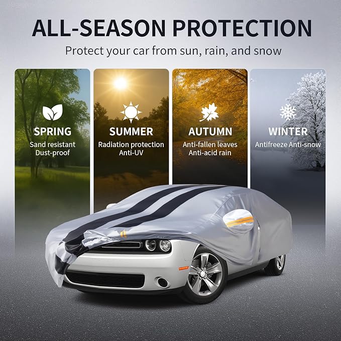 Multi-Layer Car Cover Custom Fit for Dodge Challenger Standard(2011-2023), 100% Waterproof All Weather for Automobiles, Gift with Towel, Heavy Duty Car Covers for Rain Sun UV Protect with Door Zipper