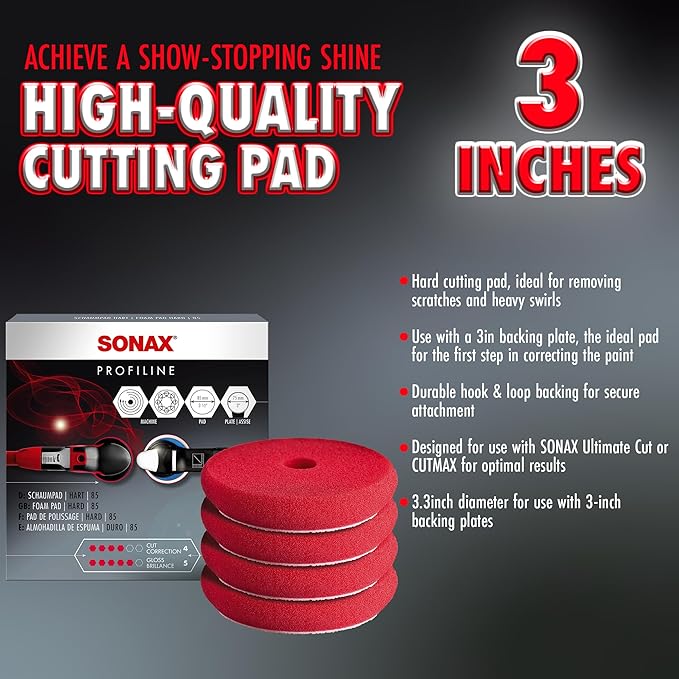 SONAX Red Hard Cutting/Polishing Pad 493100 | Heavy-Duty Foam Pad for Swirl & Scratch Removal | Ideal for Aggressive Paint Correction | for Dual Action & Rotary Polishers | 494200 | 4 Pack, 3-Inch