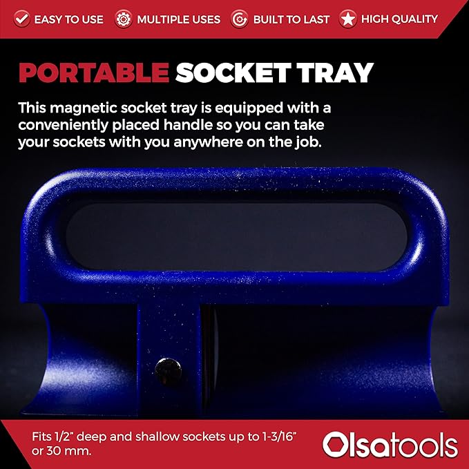 Olsa Tools Magnetic Portable Socket Organizer Tray - 1/2-Inch Drive - Blue Holder for Deep & Shallow Sockets - Fits up to 1-3/16" SAE or 30mm Metric - Quality Product for Professionals - Part 1080
