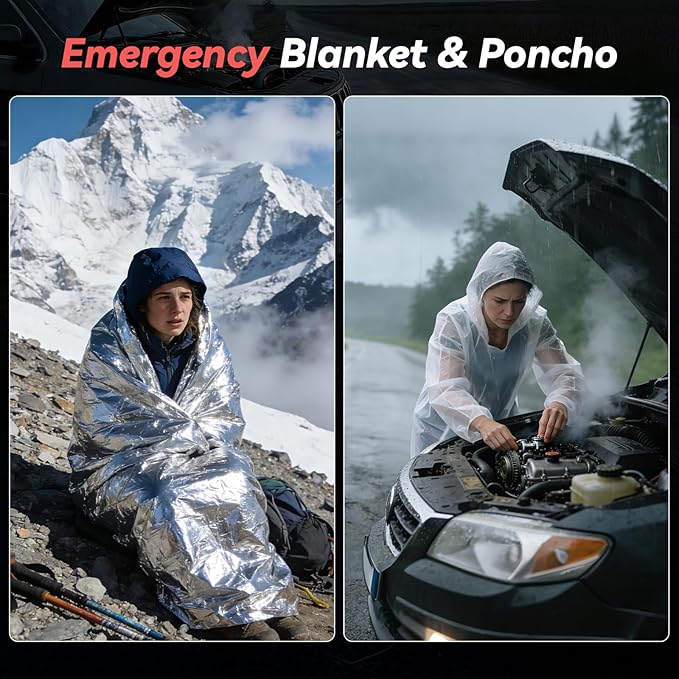 Car Emergency Safety Kit Bag with Jumper Cables, Tire Pressure Gauge, Auto Vehicle Safety Road Side Assistance Kits Essentials,for Women, Men, Teen (Blue)