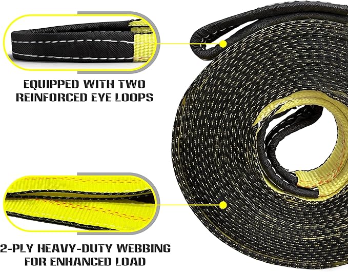 Recovery Tow Strap with Reinforced Loops 2" x 20ft Heavy Duty 25000 LBS Break Strength Emergency Recovery Tow Strap Winch Extension Rope for Car, Truck, Jeep, ATV, SUV, Tree Saver, Winch Extension