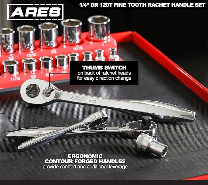 ARES 42068-1/4-Inch Drive 120 Tooth Ratchet – 3 Degree Swing Arc - Reversible Ratcheting Mechanism - Ergonomic Handle and Professional Gear Structure
