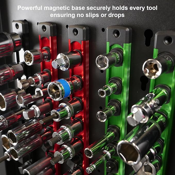 Magnetic Socket Holder Organizer Set:1/4-Inch Drive Socket Trays Socket, 360° Swivel 14 Clips Socket Holder Kit, For Automotive Mechanic Garage (Red)