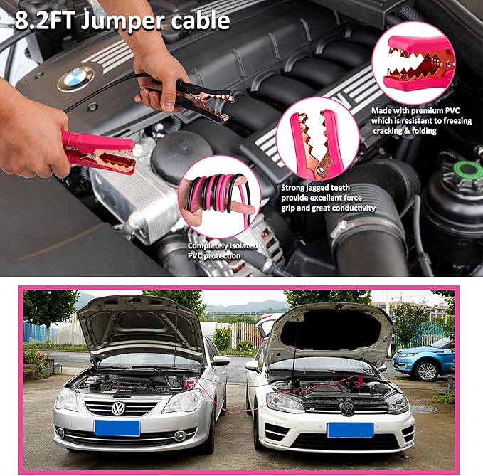 Pink Roadside Assistance Kit with Jumper Cable, Tow Rope, LED Road Flare, Deer Whistles and More Women Emergency Safety Tool Kit