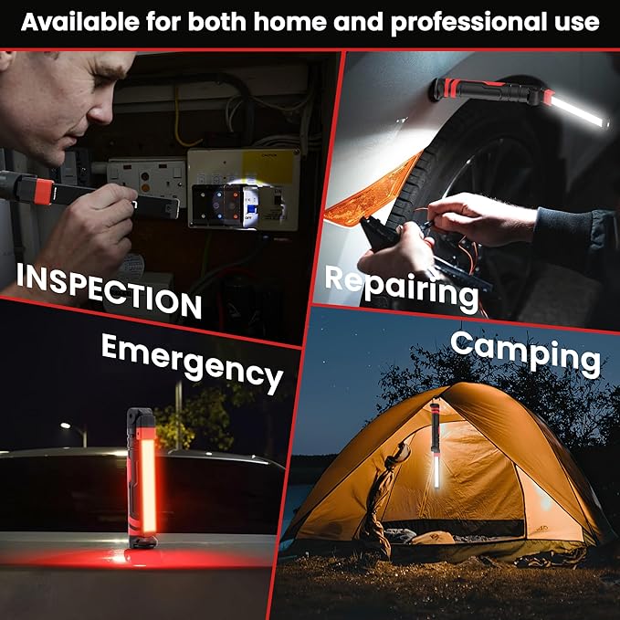 Rechargeable Work Light 2500mAh Magnetic LED Work Light Flashlight Mechanic Light Tool for Men Him, Foldable Lamp with Hook for Car Repair Emergency BBQ Grill (4 Pack)
