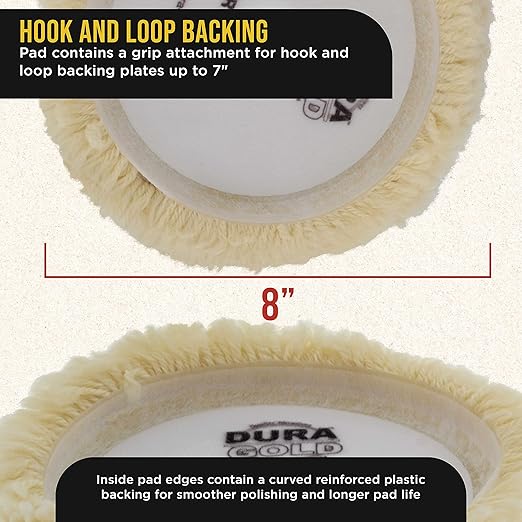 Dura-Gold 3 Pack of 8 100% Wool Hook & Loop Grip Buffing Pads with a 7" Flexible Edge Backing Plate - Compound Cutting, Polishing - Fits Auto Car Detailing Polisher Sanders - Paint, Boat