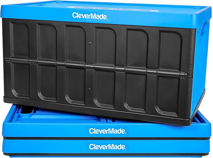 CleverMade Collapsible Storage Bins with Lids- Neptune Blue 3Pack 46L- Plastic Container Stackable Organization Crates Home Closet SpaceSaving Durable