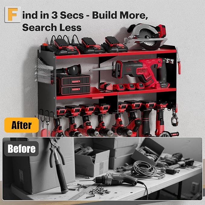 Spampur Power Tool Organizer Wall Mount with Charging Station, 15 Min Assembly & Maximum 420lbs Load by Heavy Duty Metal, 8 Slots for Cordless Drill, Tool Battery Holder with 6 Outlet Power Strip