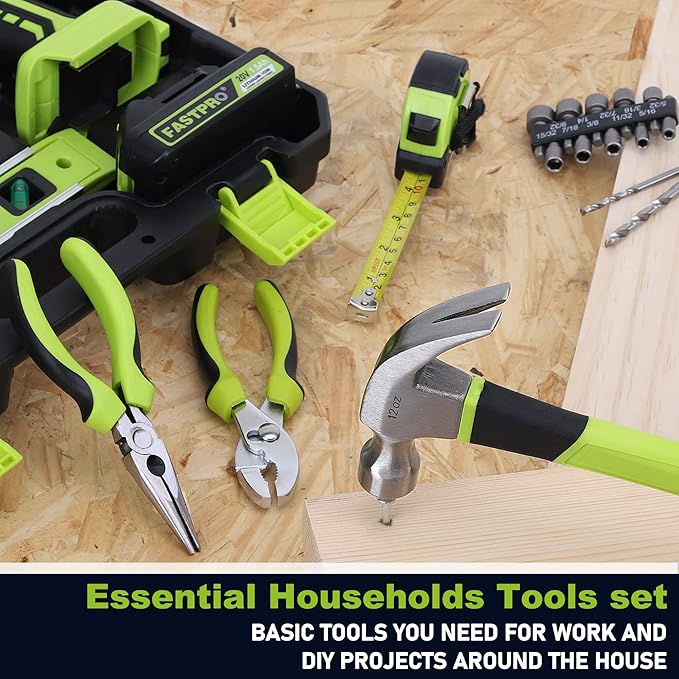 FASTPRO 177-Piece 20V Cordless Lithium-ion Drill Driver and Home Tool Set, Household Repairing Tool Kit with Drill in Storage Case, Green