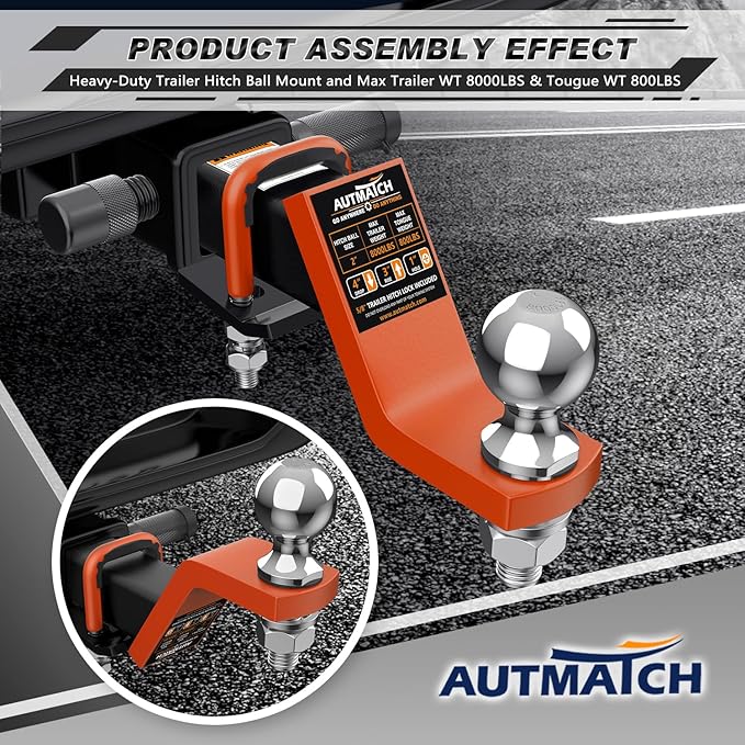 AUTMATCH Trailer Hitch Ball Mount with 2 Inch Hitch Ball - Fits 2" Receiver with Hitch Tightener, 8000Lbs Capacity Ball Hitch, 4-Inch Drop with 5/8" Hitch Lock Pin, Orange