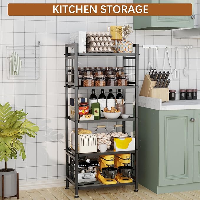 GIOTORENT 5-Tier Kitchen Storage with Wooden Boards, Heavy Duty Storage Shelves & Bookshelf, Adjustable Metal Shelving Unit for Garage Kitchen Bathroom Laundry Organizer, 750LB Capacity, Black