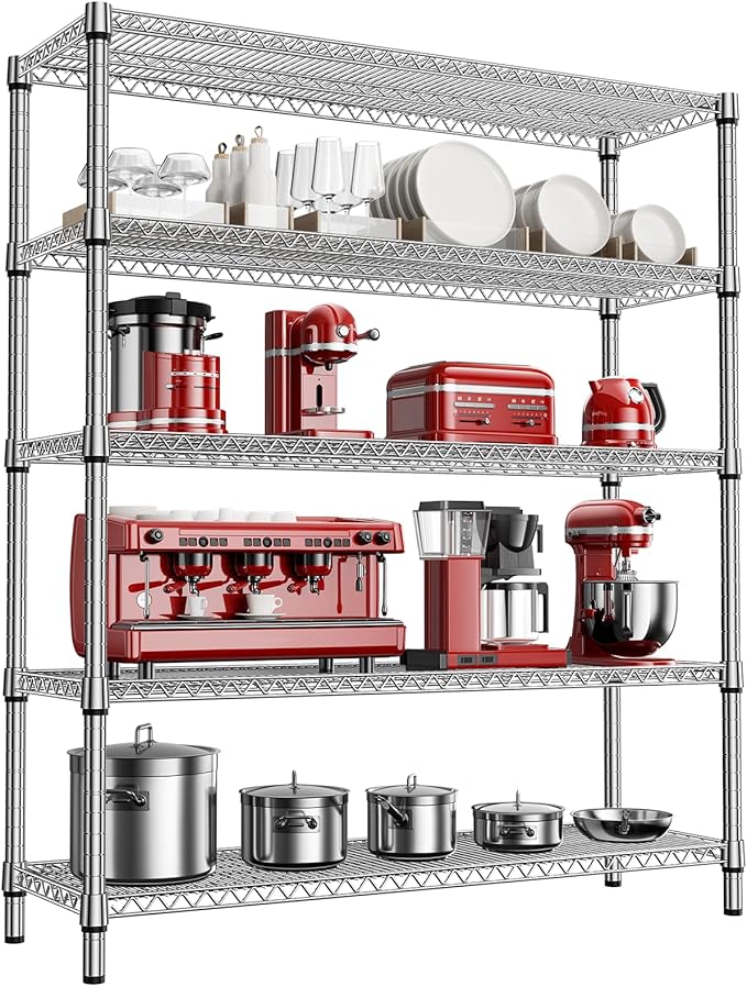 M MZG 3500LBS 59" W 5 Tier Storage Shelves Rack Metal Wire Shelving Unit, Storage Standing Shelf Organizer for Laundry Bathroom Kitchen Pantry Closet Garage, Chrome 17.7" D x 59.1" W x 70.4" H