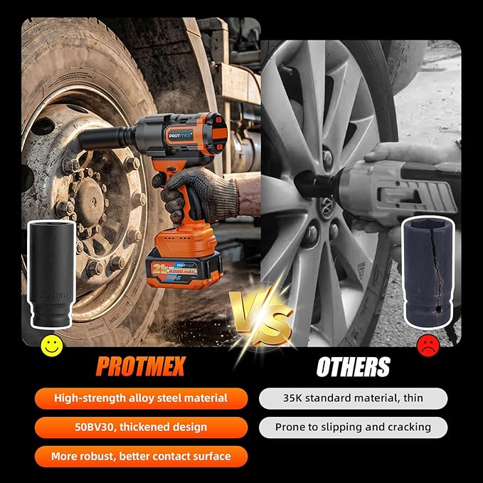 Protmex 1107Ft-lbs(1500N.m) Impact Wrench, 1/2" Cordless Impact Driver, Brushless High Torque Impact Gun with 21V 2x4.0Ah Battery, Power Motor Variable Speeds for Car/Mower/Pickup Truck