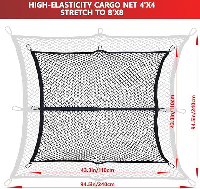 Cargo Net for Pickup Truck Bed - Heavy Duty Stretchable 4x4 to 8x8 Elastic Mesh with 8 Heavy-Duty Steel Hooks, Windproof Design Secures Loose Items for Trucks, SUVs, ATVs & Boats