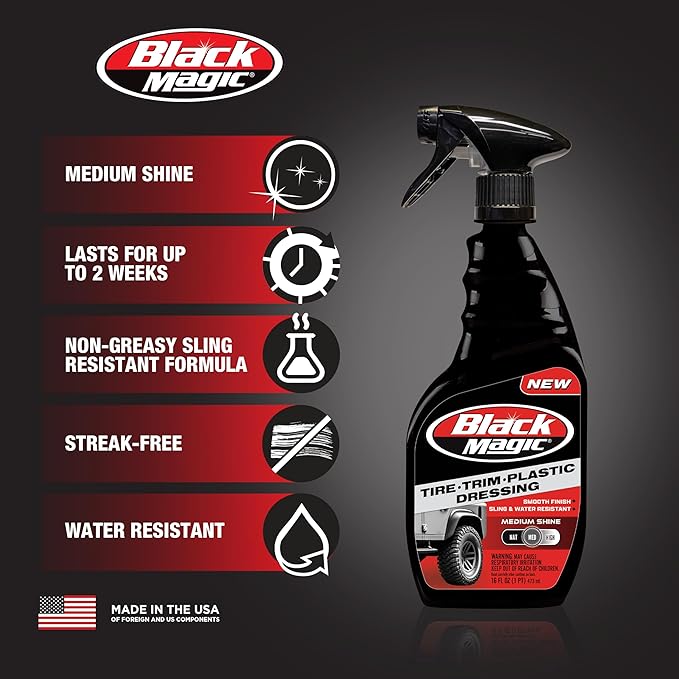 Black Magic 120230 Tire Trim Plastic Dressing, Medium Shine, Streak-Free, Water Resistant & Non-Greasy Formula for Tires, Trim & Plastic, Lasts Up to 2 Weeks - 16 Fl Oz