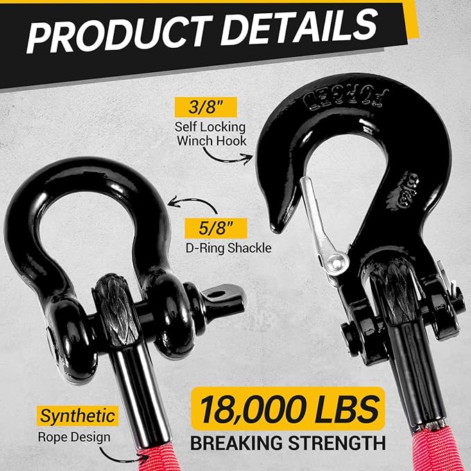 4FT Recovery Strap ATV UTV 18000lb with D Ring Shackle and Winch Hook Synthetic Tow Recovery Rope with Loops Premium Mudding Accessories