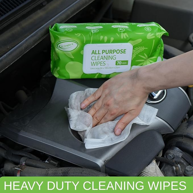 Air Jungles All Purpose Cleaning Wipes 70 Count, Bleach Free Extra Large 8" x 10" Heavy Duty for Car Interior, Kitchen, Bathroom, Countertop, Office, Tools - Non-Toxic Safe for Multi-Surface