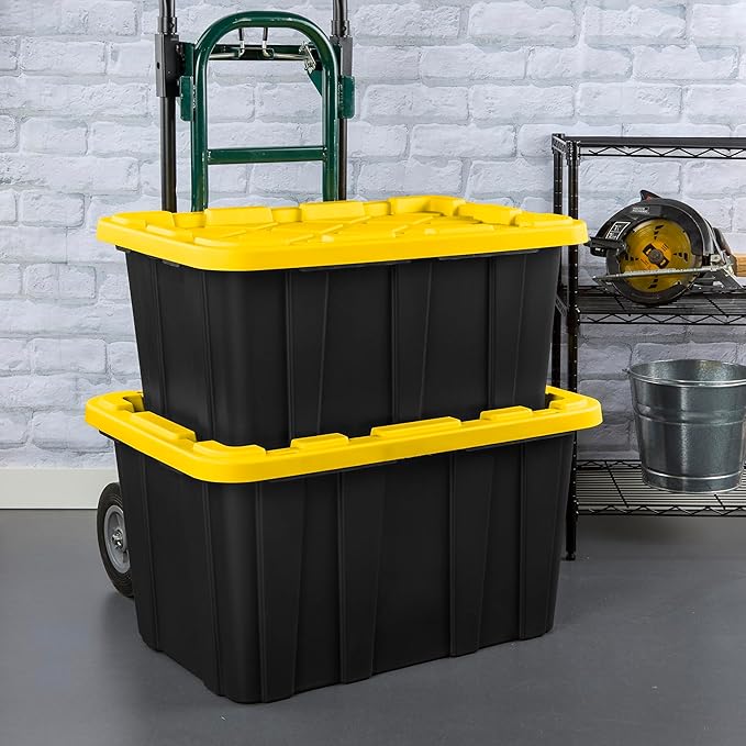 Sterilite 17 Gal Industrial Tote, Stackable Storage Bin with Snap-Fit Lid for Garage, Basement & Attic Storage, Black Base and Yellow Lily Lid, 6-Pack