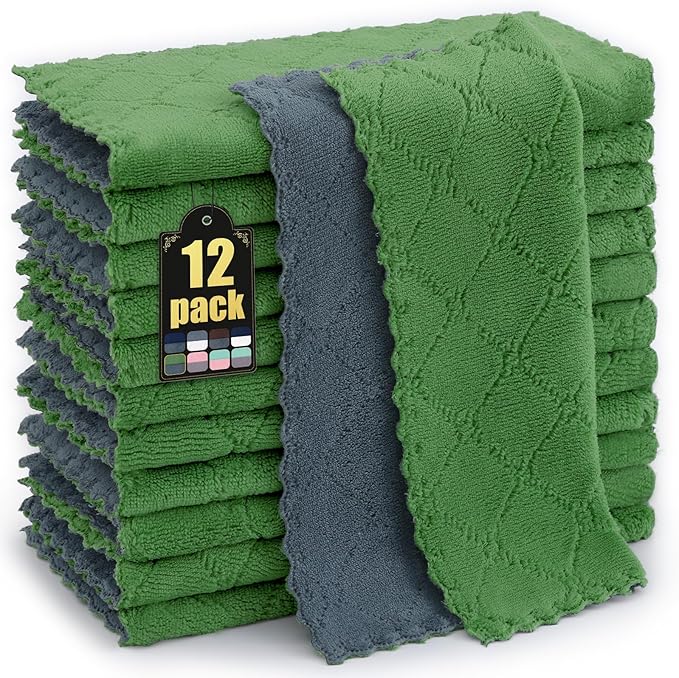 Mordimy 12 Pack Kitchen Cloths Dish Towels (10" x 10", Dark Grey & Grass Green), Super Soft and Absorbent Dish Cloths, Coral Velvet Microfiber Cleaning Cloth, Nonstick Oil Fast Dry Dishcloths