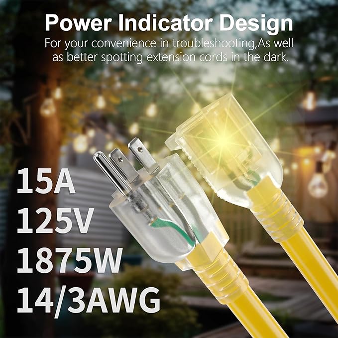 HUANCHAIN 6 ft 14/3 Gauge Heavy Duty Outdoor Extension Cord Waterproof with Lighted, Flexible Cold Weather 3 Prong Electric Cord Outside, 15A 1875W 125V 14AWG SJTW, Yellow, ETL Listed