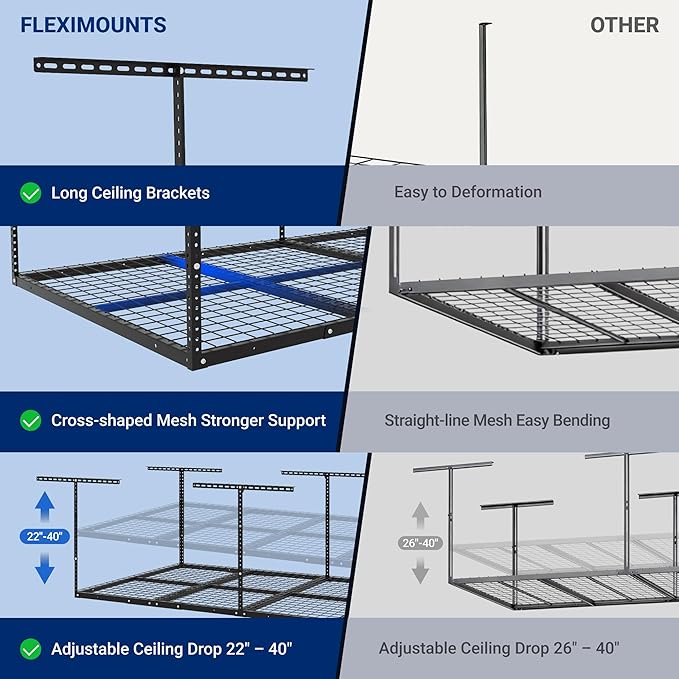 FLEXIMOUNTS 4x8 Overhead Garage Storage Rack, Adjustable Organization System, Heavy-Duty Metal Ceiling Racks, 2 Pack, Hammertone, Classic Series