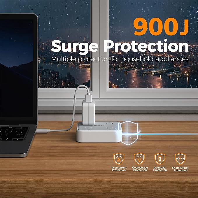 TESSAN Surge Protector Flat Extension Cord 5Ft, Flat Plug Power Strip with 4 Outlets 3 USB Ports (1 USB C), 900 Joules Protection, Multiple Wall Outlet Extender Suitable for Home Office Dorm, Grey