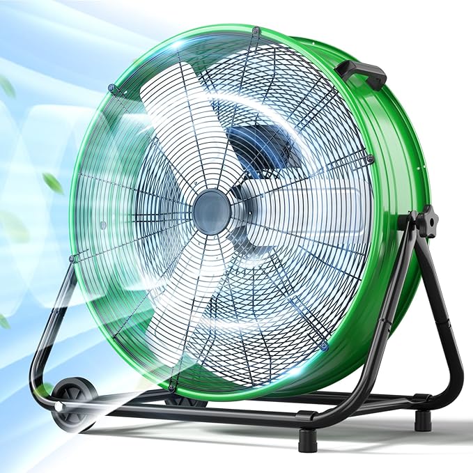 LifePlus 24 Inch Industrial Drum Fan High Velocity Floor Shop Fan 3 Speed, Heavy Duty Metal Air Circulator with Adjustable Tilt & Large Wheel for Warehouse, Garage, Factory, Patio, Barn, Green