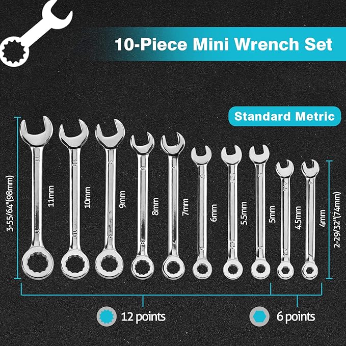SPEEDWOX Small Wrench Set, 10 Pcs, 4-11mm Mini Combination Wrench Sets with Portable Storage Pouches and A Ring