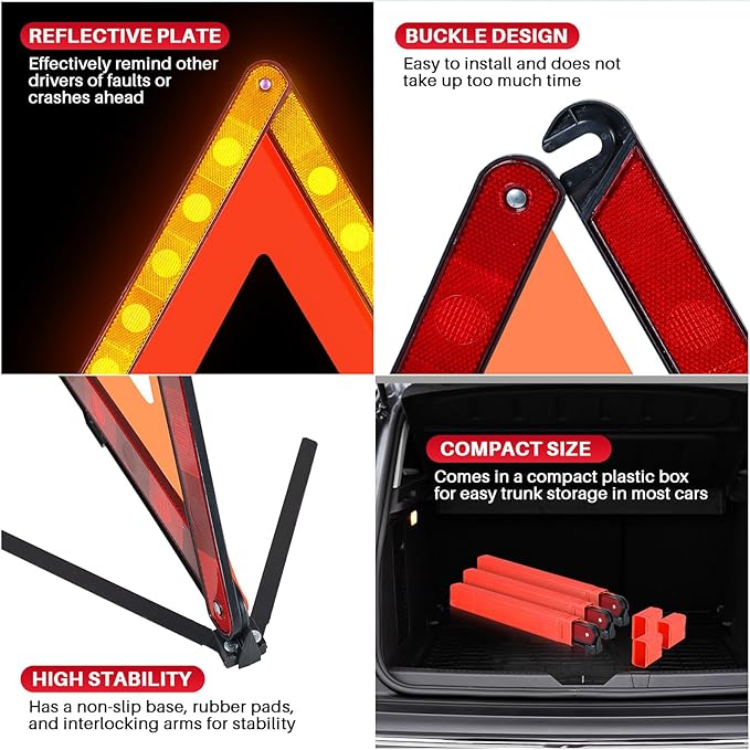 MAOPINER 3 Pack Emergency Warning Triangles, Roadside Safety Triangle with Reinforced Base and Carrying Case, Foldable Reflective Warning Triangles for Roadside Safety and Emergency Use