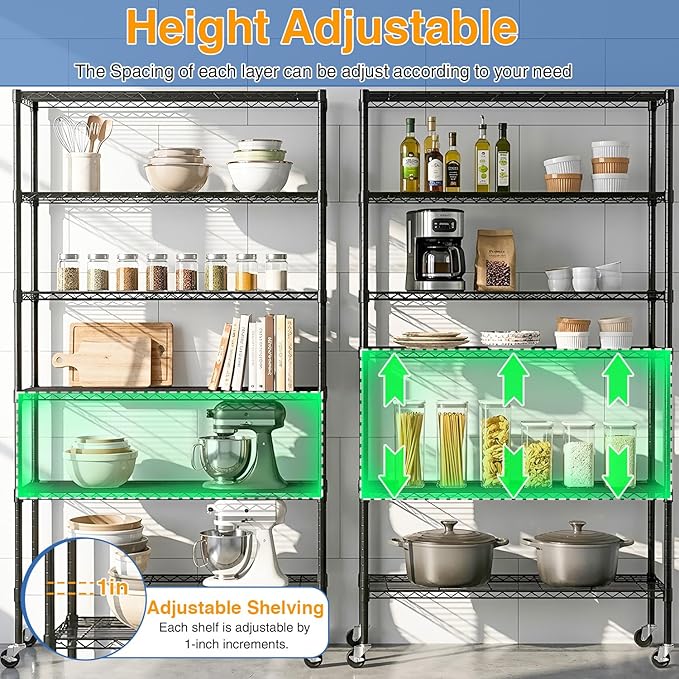 Storage Shelves 2100Lbs Capacity, 6-Shelf on Casters 45" L×18" W×82" H Commercial Wire Shelving Unit Adjustable Layer Metal Rack Strong Steel for Restaurant Garage Pantry Kitchen,Black